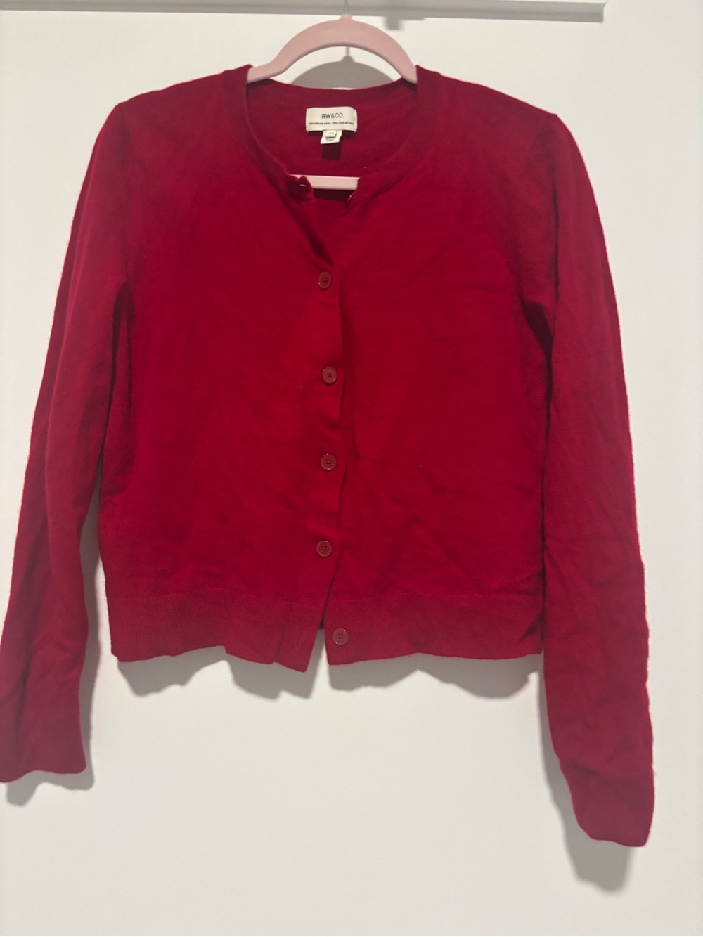 RW&CO. Red Button-Front Crew Neck Wool Cardigan